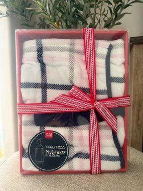 Nautica Plush Wrap with Headband - White, Pink & Navy Plaid